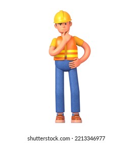 3d Render Of Construction Worker Thinking, Making Decision, Contemplating