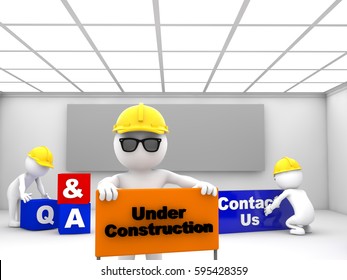 3D render of construction workers working on a website construction elements concept.