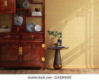 3D Render Contemporary Asian Interior Design. Antique Chinese Classic Wooden Cabinet With Bone China Porcelain In Living Room With Modern Side Table. Window Curtain, Parquet Floor, Yellow Wallpaper.