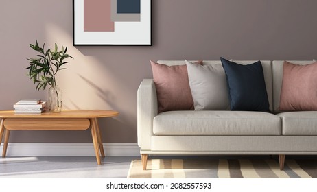 3D render of a contemporary comfy living room with a sofa and mix color cushions next to wooden side table with decoration leaves plants in a vase and books. Interior design, Morning sunlight, Brown.