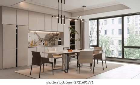 3d Render Contemporary OpenConcept Dining and Kitchen with Modern Furnishings