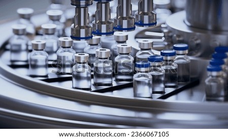 3d render, conveyor with the glass jars, modern pharmaceutical factory. Closeup of ampules are being filled with vaccine and closed with blue caps. Medical wallpaper