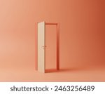 3d render with copy space, monochromatic open wood door isolated on pastel pink orange background. Architectural design element. Modern minimal concept. Elegant, abstract metaphor.