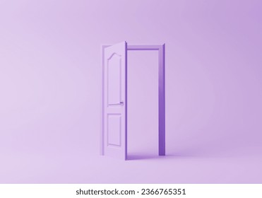 3d render with copy space, monochromatic open door isolated on pastel purple background. Architectural design element. Modern minimal concept. Elegant, abstract metaphor.