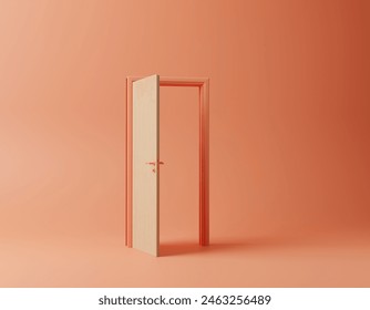 3d render with copy space, monochromatic open wood door isolated on pastel pink orange background. Architectural design element. Modern minimal concept. Elegant, abstract metaphor.