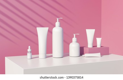 3d Render Of Cosmetic Bundle For Skin Hair Care. White Plastic Package In Row On Bright Millenial Pink Background. Sunny Still Life Beauty Branding Set With Fern Shadows. Salon Products Mock Up.