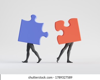 3d Render. Couple Of Abstract Puzzle Pieces With Mannequin Legs. Mismatch Or Divorce Metaphor. Social Role Play. Partners Broke Up. Minimal Clip Art Isolated On White Background