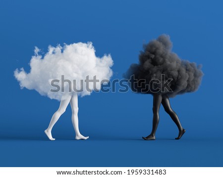 3d render. Couple of abstract white and black clouds with mannequin legs. Social role play. Partners interaction. Minimal surreal clip art isolated on blue background