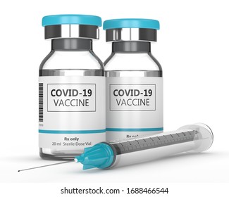 3d Render Of Covid-19 Vaccine Vials And Syringe Over White Background