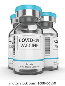 3d Render Of Covid-19 Vaccine Vials In Row Over White Background