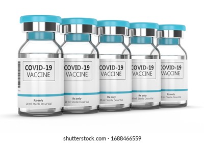 3d Render Of Covid-19 Vaccine Vials In Row Over White Background