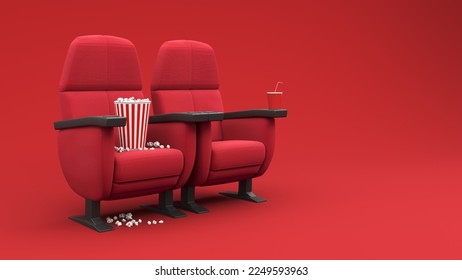 3d render of cozy red cinema chair with soda drink and box of popcorn. Watch movies in theaters and online. Cinema concept from home. Entertainment concept.