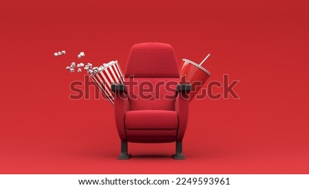 3d render of cozy red cinema chair with soda drink and box of popcorn. Watch movies in theaters and online. Cinema concept from home. Entertainment concept.