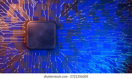3D render of CPU microchip on illuminated circuit board symbolizing digital data flow and cybersecurity. 3D Illustration