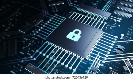 3D Render of a CPU on a motherboard with strong lighting and high contrast. Locked CPU symbol representing cyber security and data protection. Internet security concept.