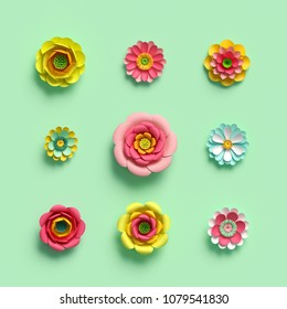 3d render, craft paper flowers, floral clip art set, botanical design elements, bright candy color, isolated on mint green background, decorative embellishment
