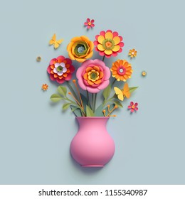 3d render, craft paper flowers, pink vase, floral bouquet, autumn botanical arrangement, fall colors, nature clip art isolated on light blue background, thanksgiving greeting card template
