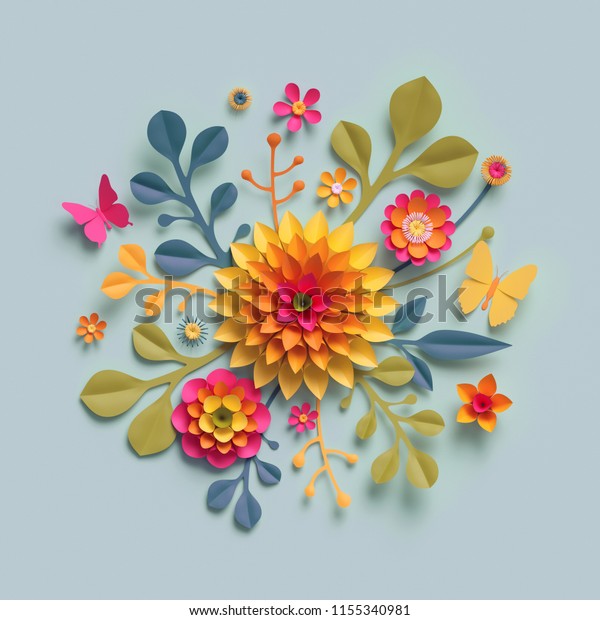 3dレンダリング クラフト紙の花 秋の植物アレンジメント お祭りの花の花束 明るい秋の色 薄い青の背景に自然のクリップアート 装飾的な装飾 のイラスト素材