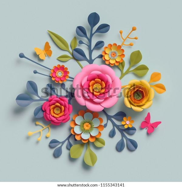 3dレンダリング クラフト紙の花 秋の植物アレンジメント お祭りの花のブーケ 明るい飴の色 薄い青の背景に自然のクリップアート 装飾的な装飾 のイラスト素材