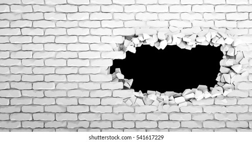 3d render. Creative abstract concept: destruction of a white wall