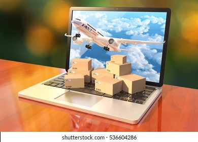 3D render. Creative abstract shipping, logistics and retail parcel goods delivery commercial business concept:  cardboard box package standing on a laptop and plane flies out of a laptop screen