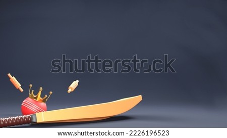 3D Render Cricket Bat With Ball Wear Golden Crown, Wicket Bails And Copy Space On Grayish Blue Background.