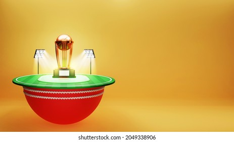 3D Render Of Cricket Stadium Or Playground With Golden Trophy Cup And Copy Space.