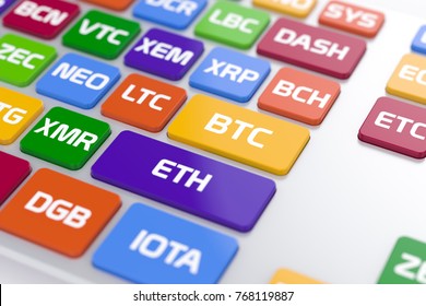 3d render of cryptocurrency coin computer PC communication keyboard concept. View of computer keyboard button with color altcoins name buttons