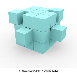 3d Render Cube Construction With Blue Blocks On A White Background. 