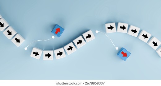 3D render of cubes with black arrows and unique blue cubes with red arrows going opposite direction, symbolizing leadership, innovation, think different, disruption, and creative business strategy.