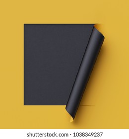 3d Render Curled Corners Of Note Paper. Sheet Of Paper With Page Curl And Shadow, Design Element For Advertising And Promotional Message. Yellow And Black Creative Background, Modern Mock Up.