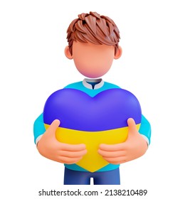 3d Render Cute Boy Hug Heart Shaped Balloon With Ukraine Flag Color