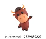 3D render of a cute cartoon bull with a round brown head, orange horns, and a friendly expression, standing and waving its hand in a playful gesture