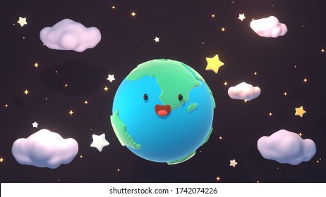 3d Render Cute Cartoon Earth And Stars.