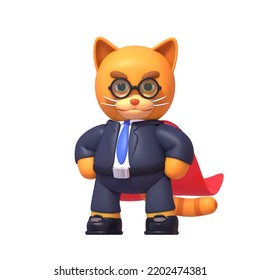 3d Render Of Cute Cat In Business Suit. Businessman Cat Posing With Red Super Hero Cloak