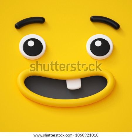 3d render, cute childish face, toothless smile, amazed emotion, emoji, emoticon, funny yellow monster