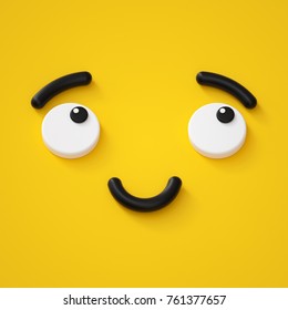 3d Render, Cute Emotional Cartoon Face, Shy Smiley Kid, Adorable Smile, Dreamer, Emoticon, Emoji