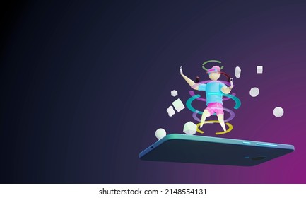 3d render. cute man rides on the phone screen in vr glasses