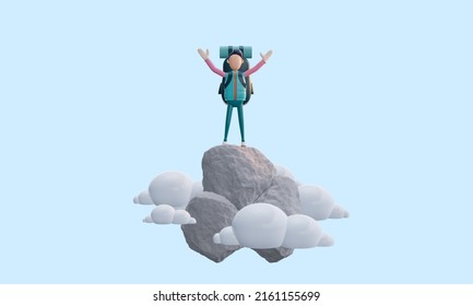 3d render. A cute tourist with a backpack conquered the height and raised his hands up in a sign of victory