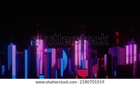 3d render of Cyber night mega city landscape scene. Light glowing and reflection on dark tech scene. Night life. Technology network for 5g. Beyond futuristic of Sci-Fi Capital city and building scene.