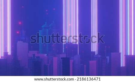 3d render of Cyber night mega city landscape scene. Light glowing and reflection on dark tech scene. Night life. Technology network for 5g. Beyond futuristic of Sci-Fi Capital city and building scene.