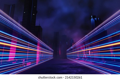 3d Render Of Cyber Punk Night City Landscape Concept. Light Glowing On Dark Scene.  Night Life. Technology Network For 5g. Beyond Generation And Futuristic Of Sci-Fi Capital City And Building Scene.