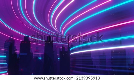 3d render of Cyber punk night city landscape concept. Light glowing on dark scene.  Night life. Technology network for 5g. Beyond generation and futuristic of Sci-Fi Capital city and building scene.