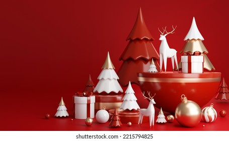 3D render cylinder podium in christmas Santa Claus and christmas tree, gift boxes, ribbon, product, perfume, promotion sale, presentation, cosmetic on background color . - Powered by Shutterstock