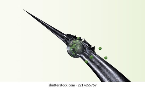 3d Render. Damaged, Broken
Hair Close-up. A Transparent Molecule Or A Drop Of Water Or Balm With Small Green Particles Restores Or Destroys The Hair. Natural, Ecological Cosmetics Or Medicine.