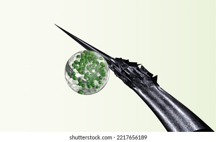 3d Render. Damaged, Broken
Hair Close-up. A Transparent Molecule Or A Drop Of Water Or Balm With Small Green Particles Restores Or Destroys The Hair. Natural, Ecological Cosmetics Or Medicine.