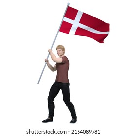 3D Render : An Danish Man Is Holding And Waving The Denmark Country Flag To Cerebrate An Important Event 