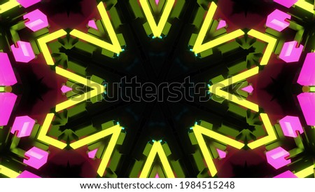 3d render. Dark background with abstract symmetrical pattern of geometric 3d stuff and neon light. Science fiction cyberpunk bg with mechanism and neon light