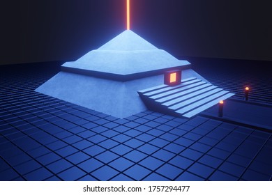 3d render, dark background pyramid triangle metal material and floor. 