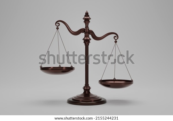 3D render dark brass\
balance scale isolated on white background. Tilted scales. Scales\
of injustice, Symbol of law and injustice concept. 3d rendering\
illustration.